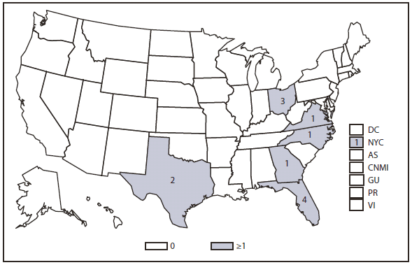 CHOLERA - This figure is a map of the United States and U.S. territories that presents the number of cholera cases in each state and territory in 2010.